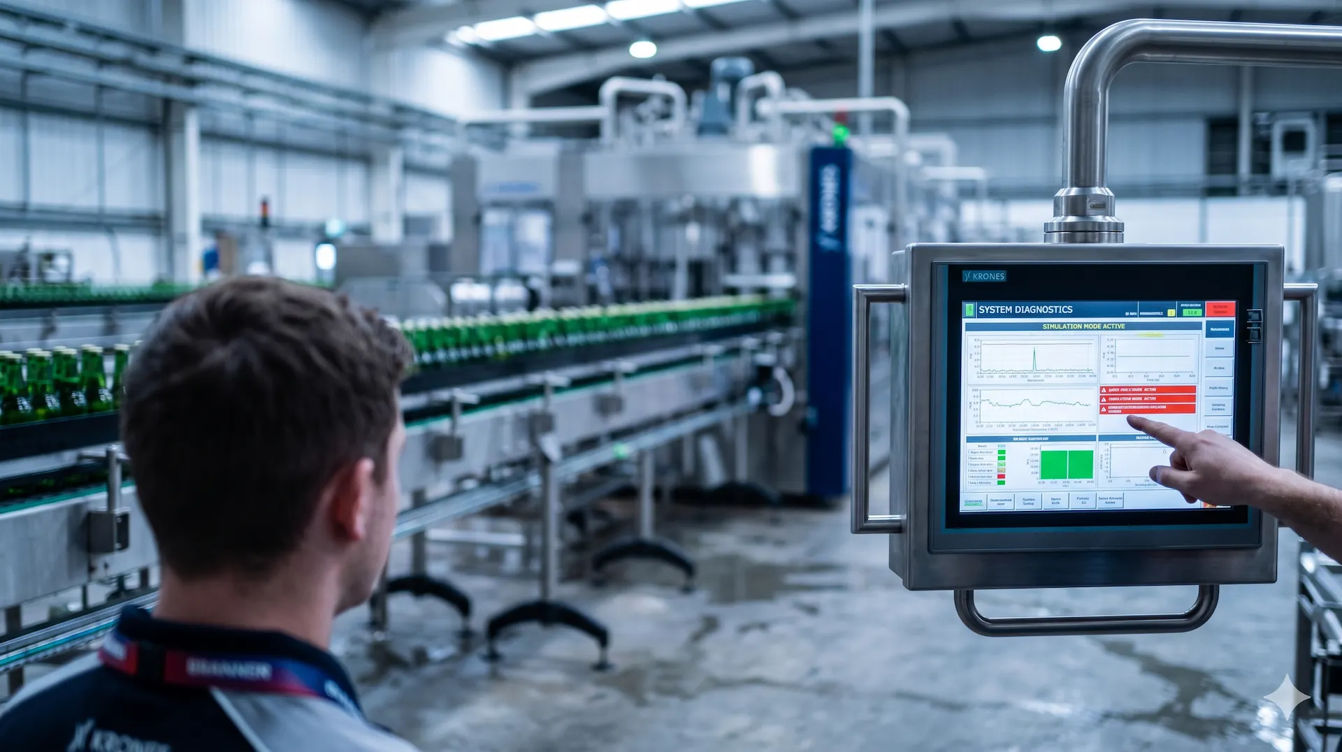 Automation engineer training at an HMI control panel in a brewery — over-the-shoulder view of a diagnostic screen against a blurred shop floor background.
