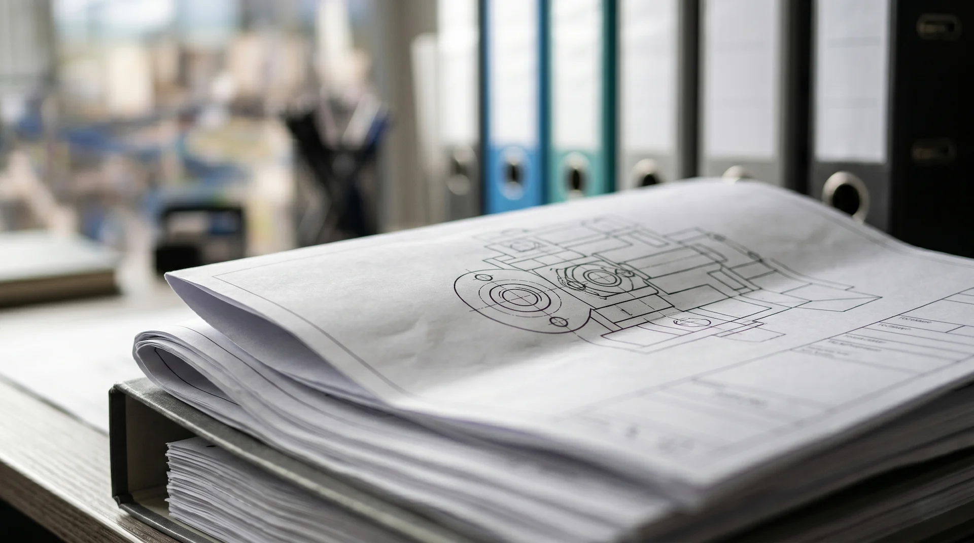 Close-up of technical documentation and binders on an engineering desk; component drawing in the foreground, rows of archive binders blurred behind
