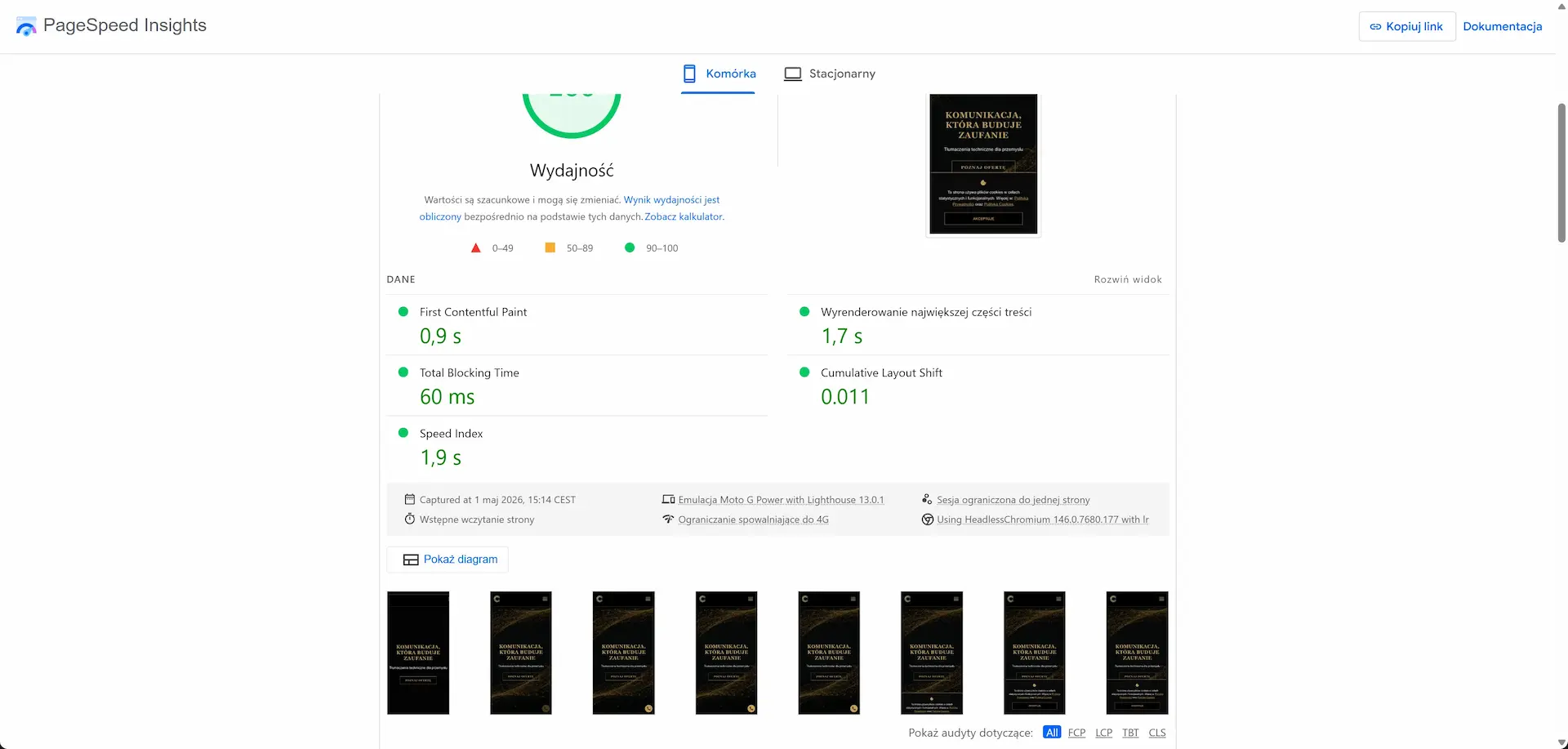 Szczegółowe wskaźniki wydajności z raportu Google PageSpeed Insights dla mobilnej wersji strony commbridge.pl, zarejestrowane 1 maja 2026 roku. Wykres prezentuje doskonałe wyniki metryk Core Web Vitals: First Contentful Paint (0,9 s), Largest Contentful Paint (1,7 s), Total Blocking Time (60 ms) oraz Cumulative Layout Shift (0,011), uzupełnione o sekwencję zrzutów ekranu dokumentującą proces błyskawicznego renderowania treści.